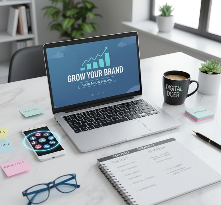 Laptop displaying "Grow Your Brand" on a desk with notebook, coffee mug and glasses