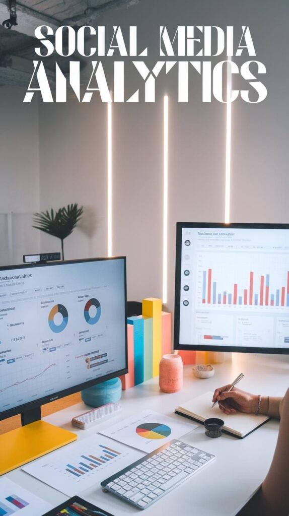 Dual monitor setup showing social media analytics dashboard with charts and graphs
