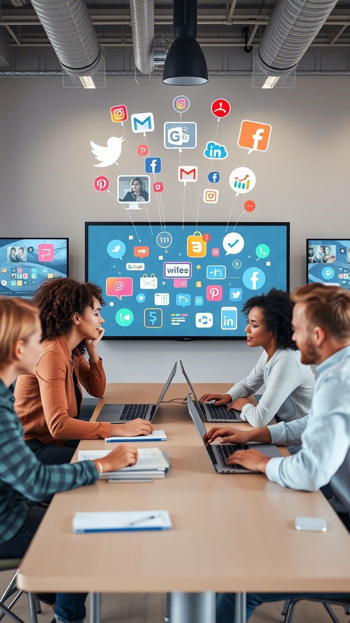 Illustration of social media management with icons, charts and laptop on colorful background