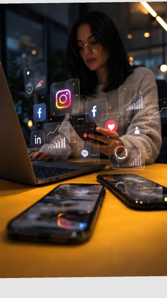 Woman managing social media marketing on laptop with Instagram, Facebook and Twitter icons