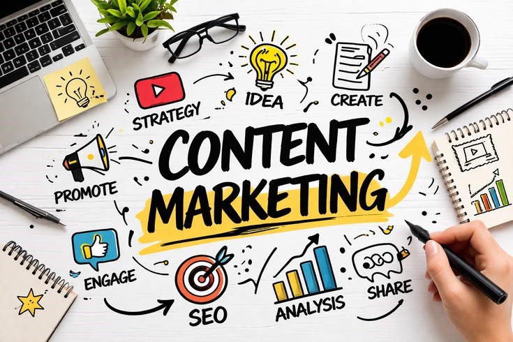 Content marketing definition infographic showing strategy, SEO, promotion, and analysis icons for beginners