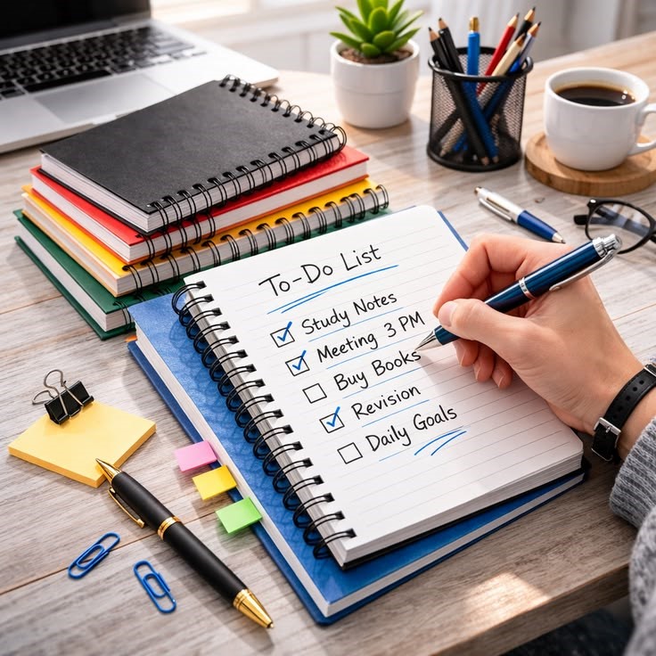 Hand writing a to-do list in a notebook surrounded by colorful planners and stationery on desk
