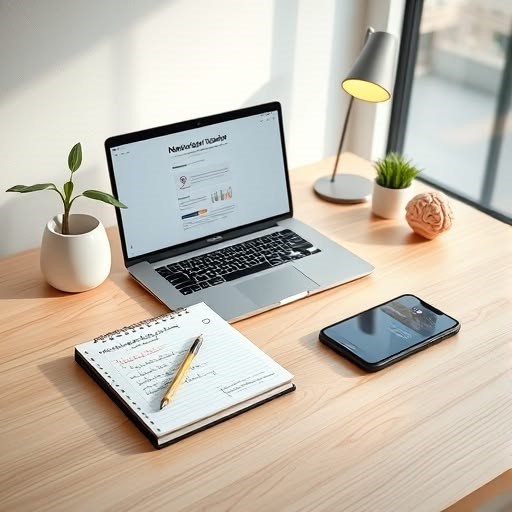 Laptop and smartphone on wooden desk with notebook representing remote freelance design work