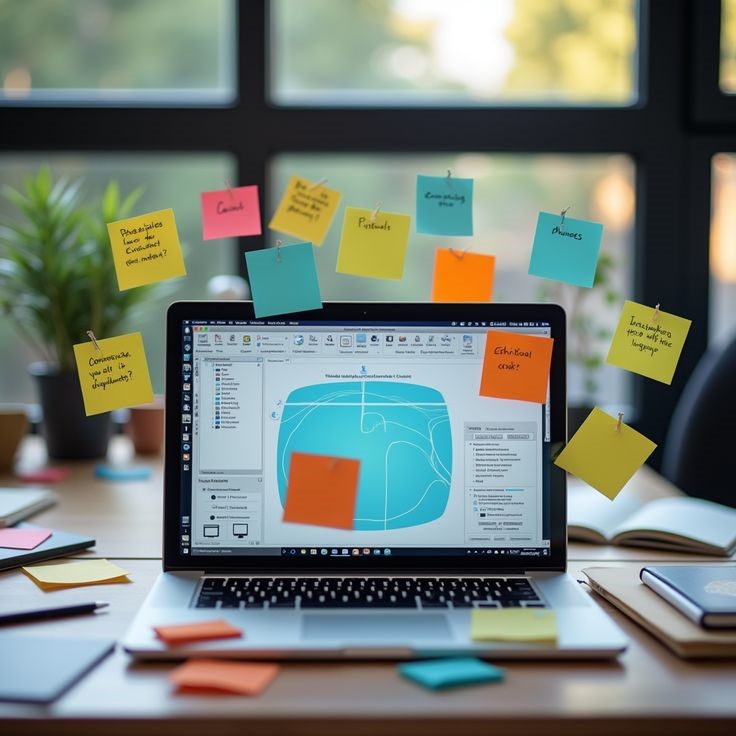 Laptop displaying custom software dashboard on office desk with sticky notes and plants