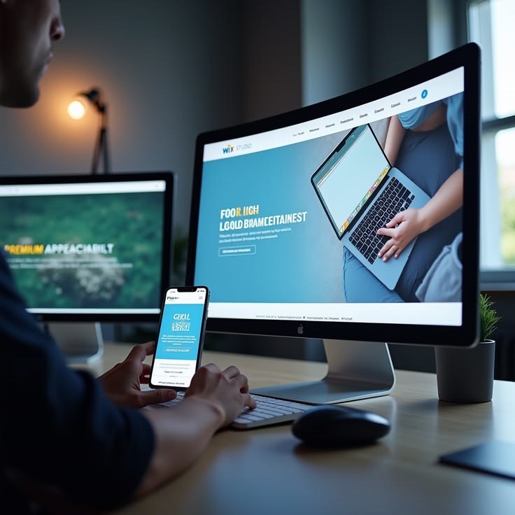 Person using smartphone with desktop monitor and laptop showing website designs on desk setup